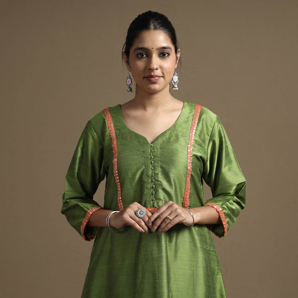 Apple Green - Plain Solid Slub Silk A-Line Kurta with Beadwork Hand Embroidery Lace