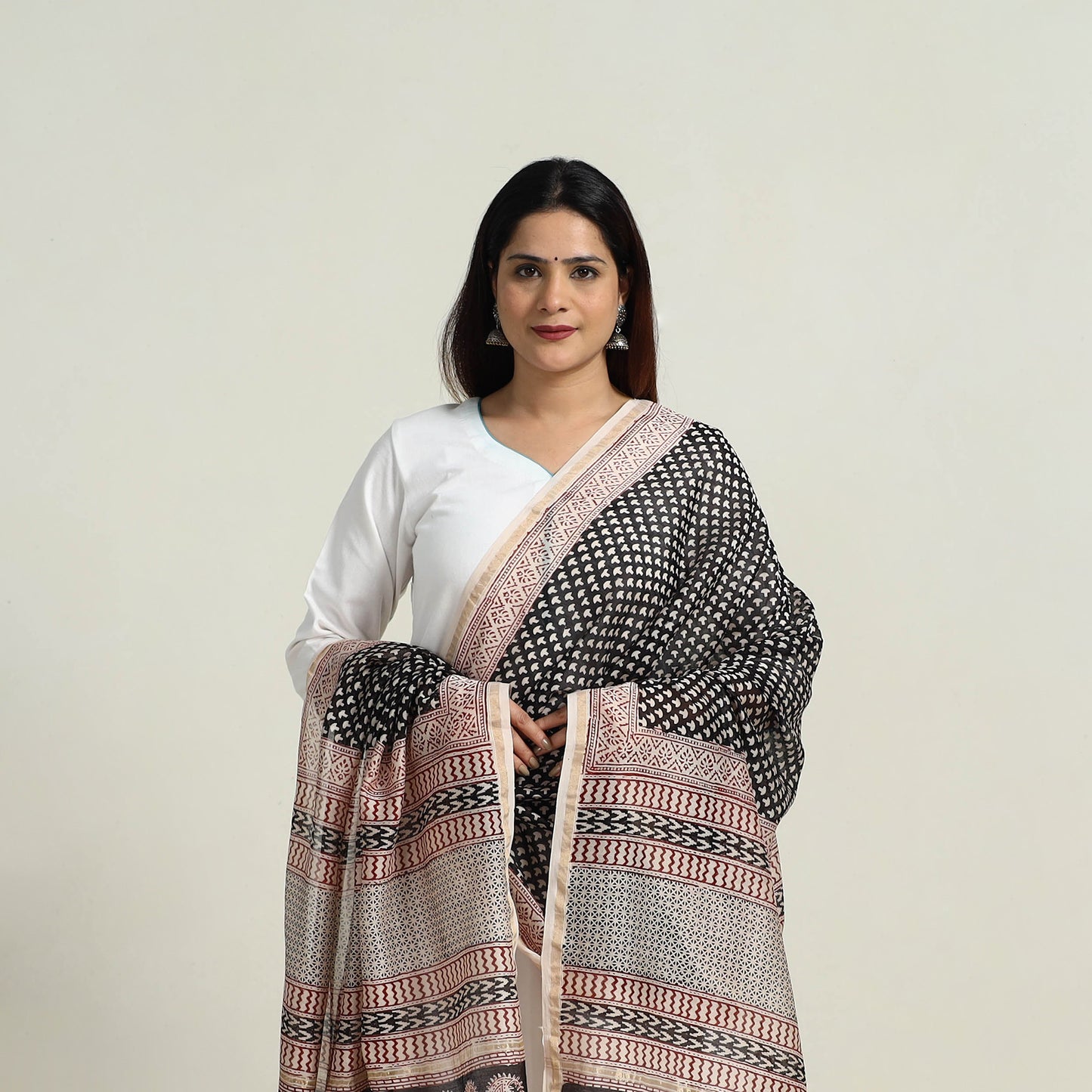 Black - Natural Dyed Hand Block Print Chanderi Silk Bagh Dupatta 22