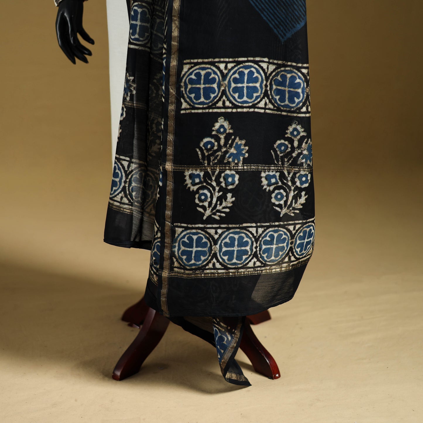 Black - Pipad Hand Block Print Natural Dyed Chanderi Silk Handloom Dupatta 28