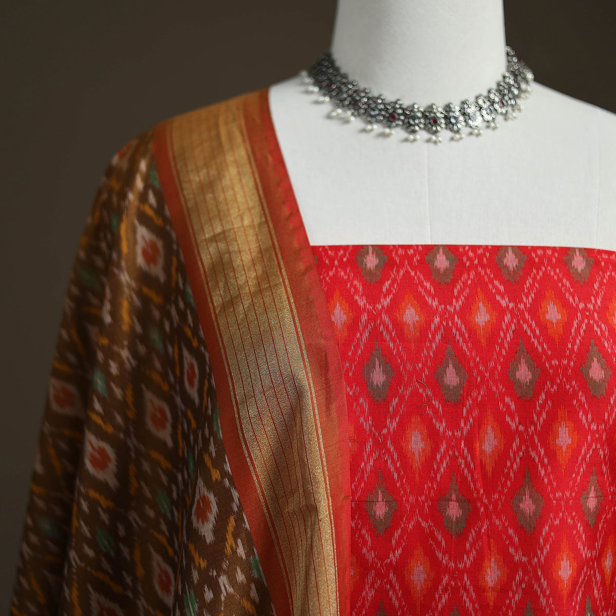 Pochampally Ikat Handloom Sico Unstitched Dress Material: Kurta with Dupatta 07