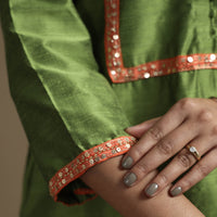 Apple Green - Plain Solid Slub Silk A-Line Kurta with Beadwork Hand Embroidery Lace