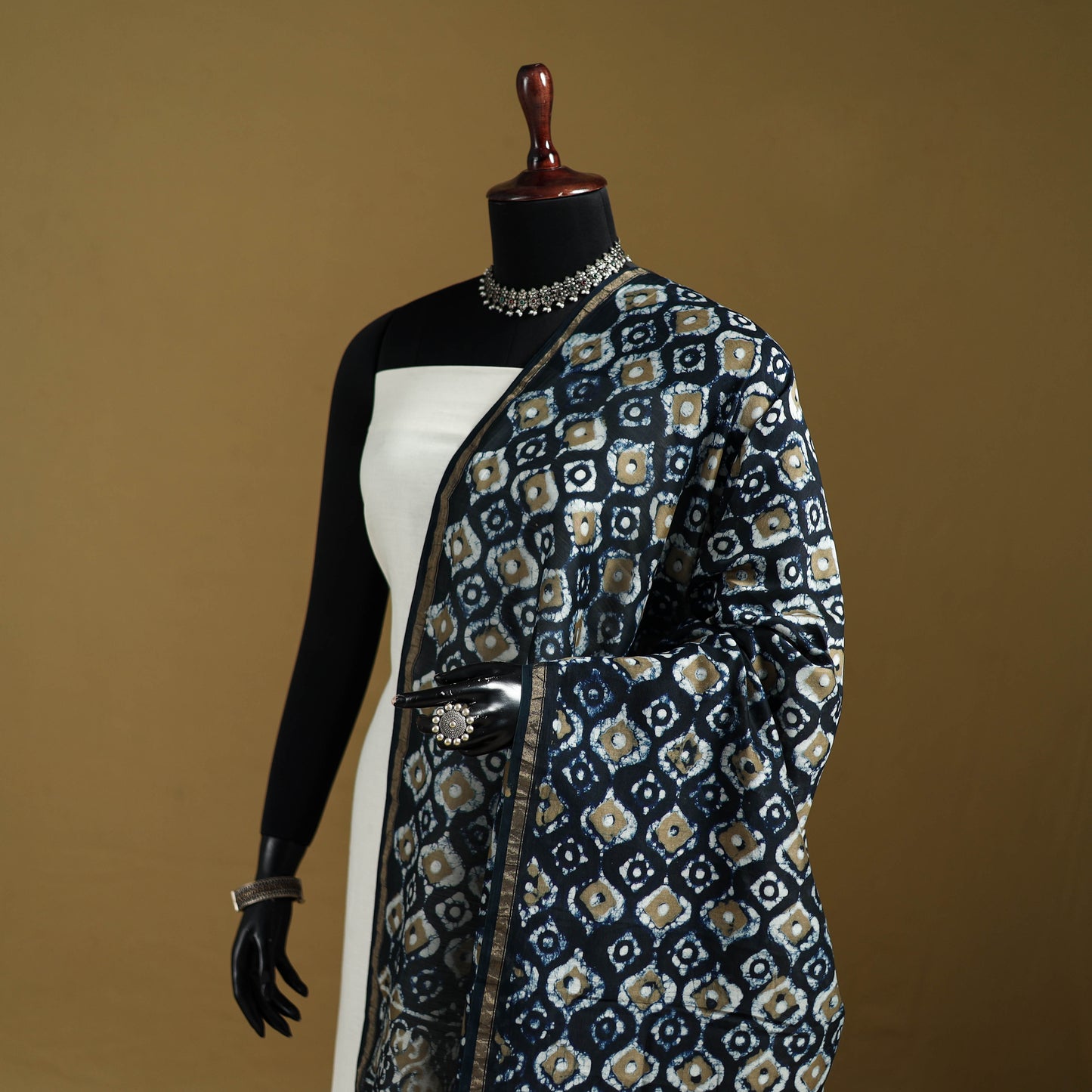 Black - Pipad Hand Block Print Natural Dyed Chanderi Silk Handloom Dupatta 29