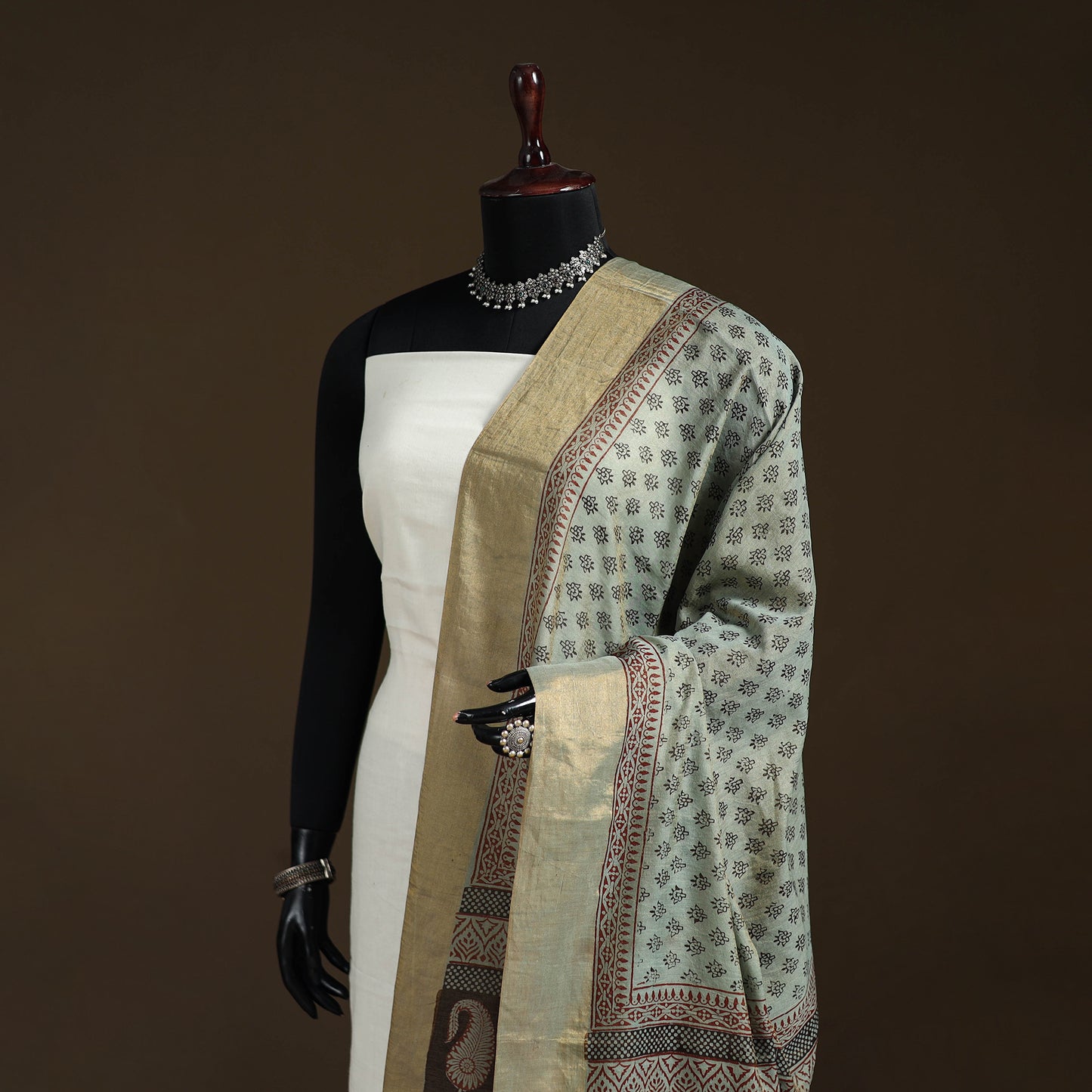 Bagh Hand Block Print Natural Dyed Tissue Zari Chanderi Silk Dupatta 35