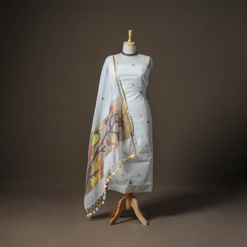 White - Jamdani Pure Handloom Muslin Unstitched Dress Material: Kurta with Dupatta 18