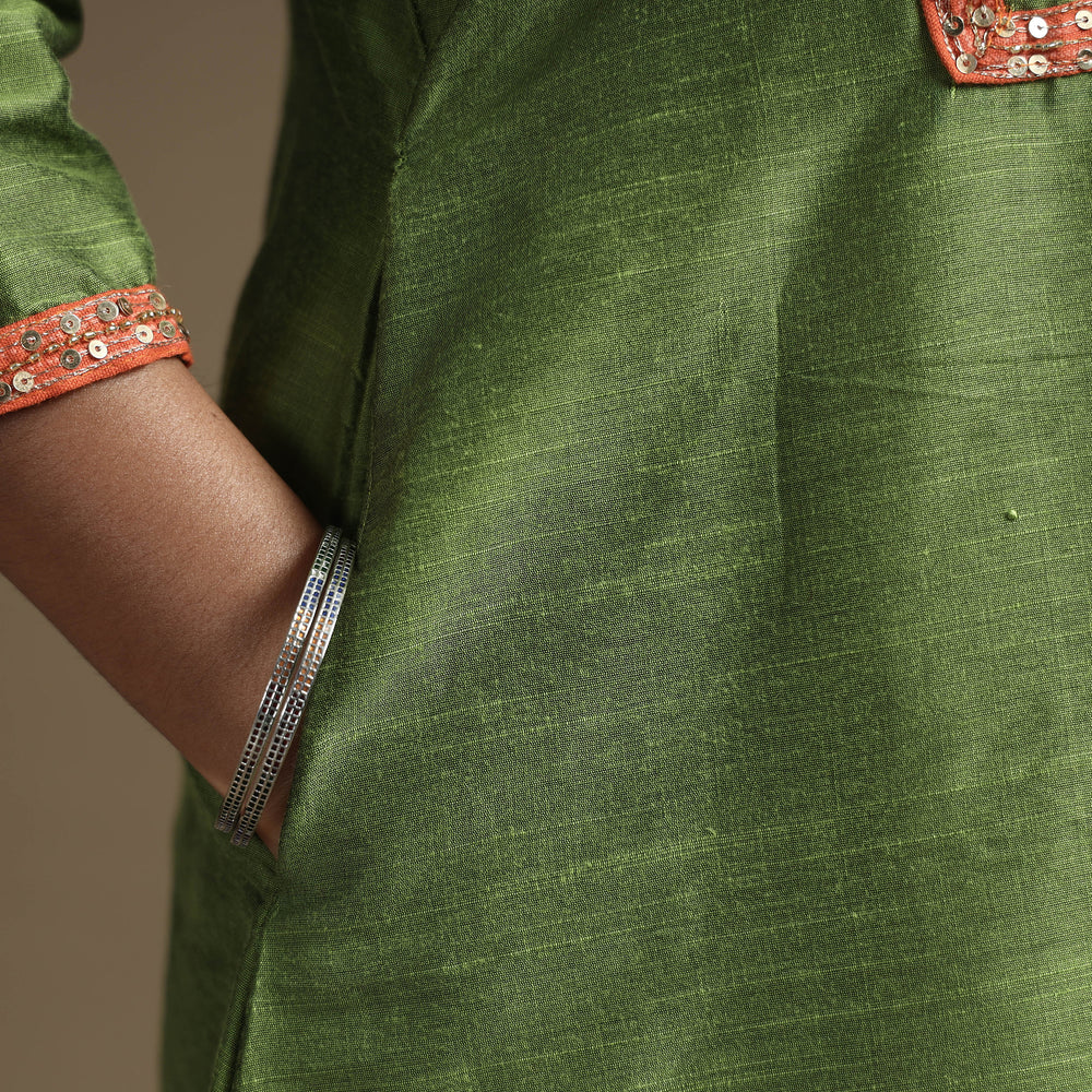 Apple Green - Plain Solid Slub Silk A-Line Kurta with Beadwork Hand Embroidery Lace