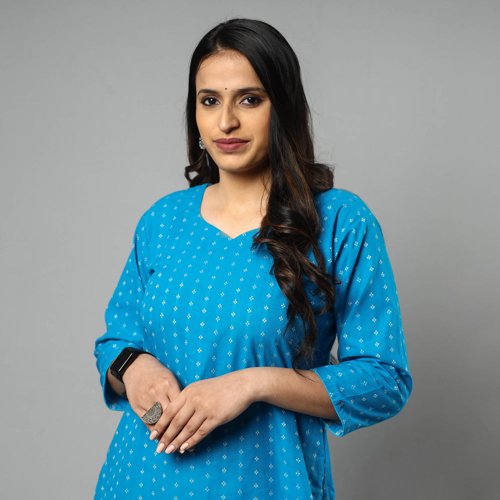 Blue - Jacquard Cotton Long Kurta