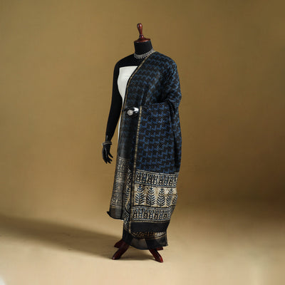 Blue - Pipad Hand Block Print Natural Dyed Chanderi Silk Handloom Dupatta 30