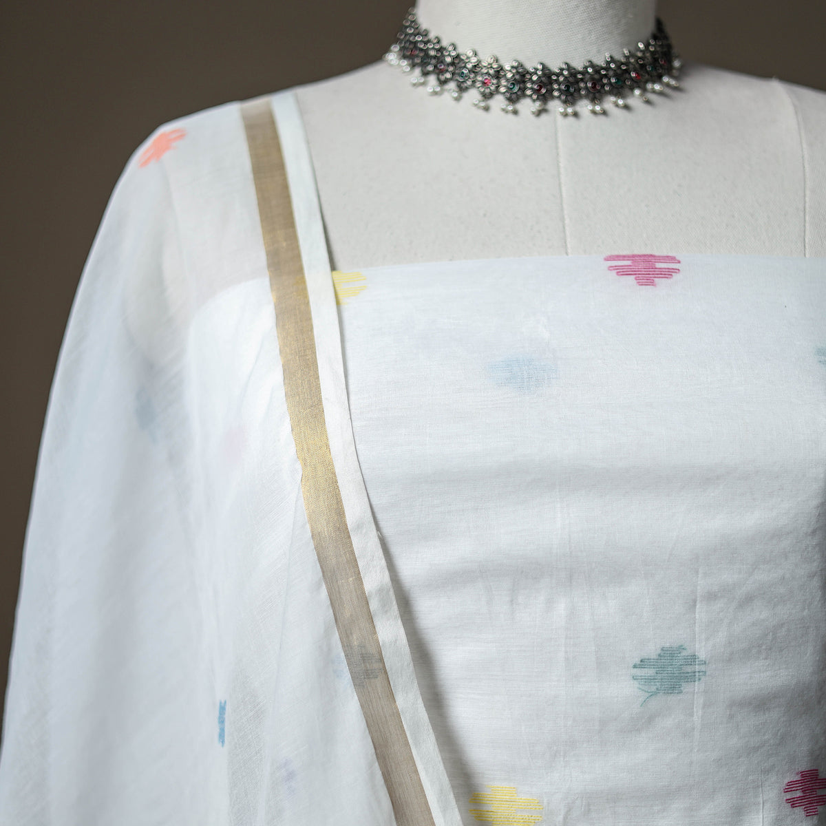 White - jamdani pure handloom muslin unstitched dress