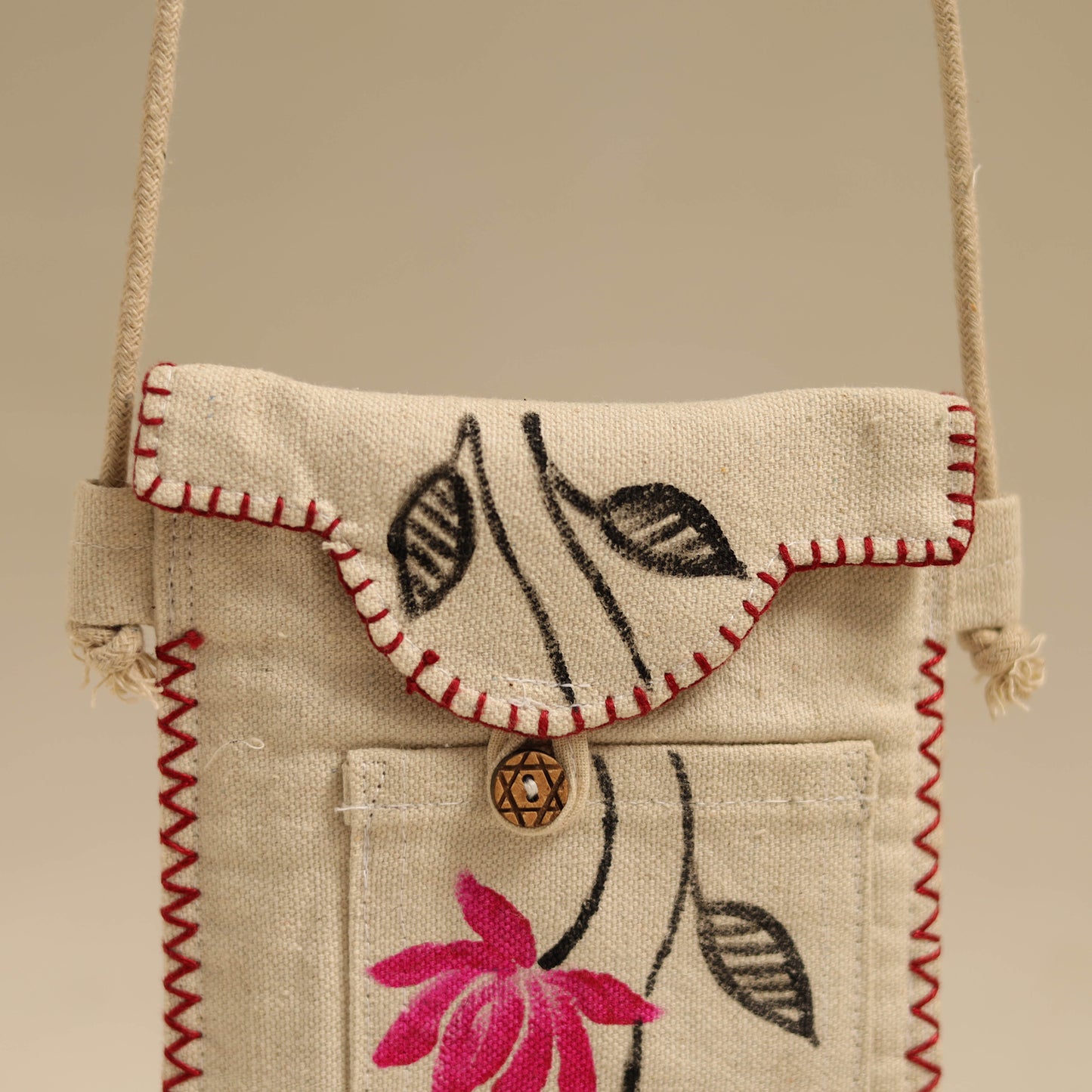 Beige - Pattachitra Handpainted Mobile Sling Bag from Odisha 14