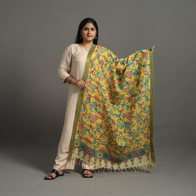 Yellow - Chanderi Silk Srikalahasti Handpainted Pen Kalamkari Dupatta 33