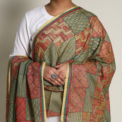 Multicolor - Bengal Kantha Hand Embroidery Silk Cotton Dupatta 24