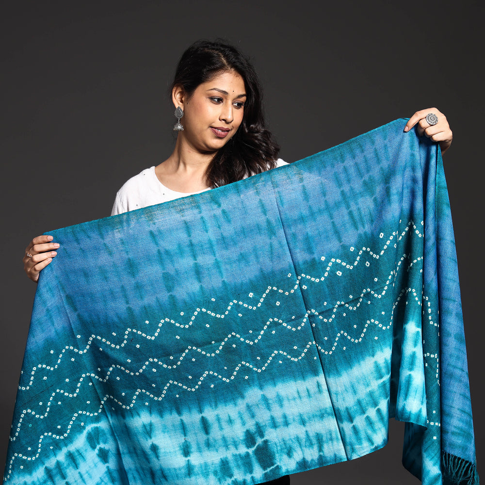 Blue - Kutch Handwoven Bandhani & Shibori Tie-dye Pure Merino Wool Stole