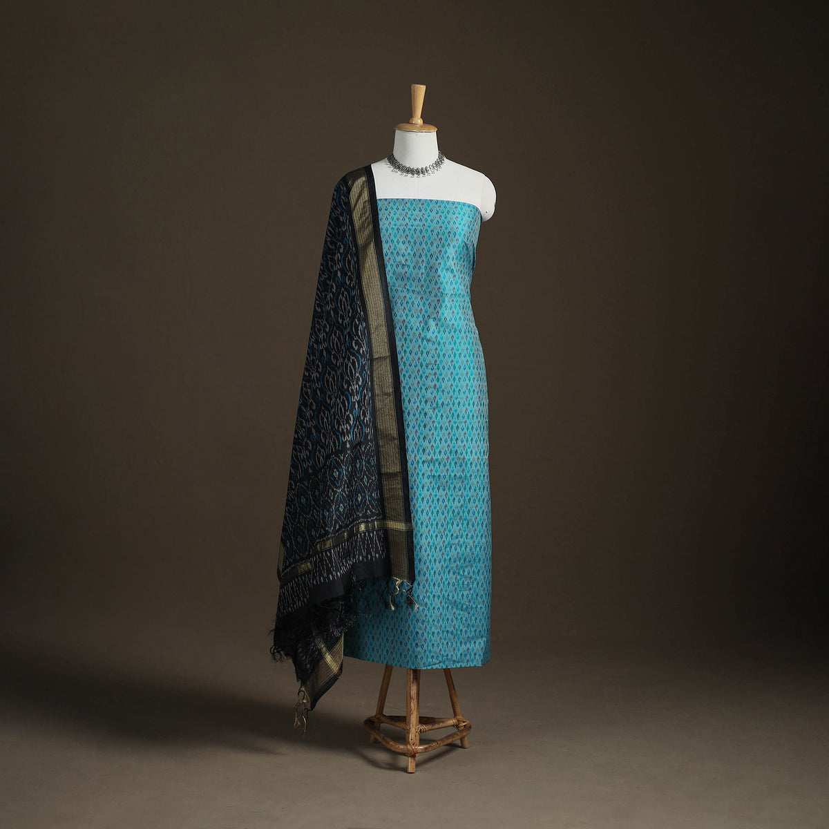 Pochampally Ikat Handloom Sico Unstitched Dress Material: Kurta with Dupatta 08