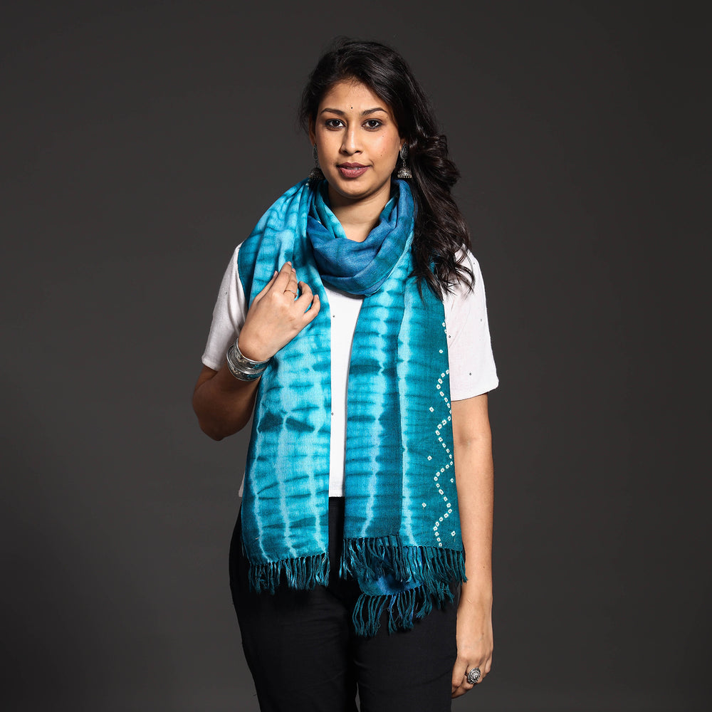 Blue - Kutch Handwoven Bandhani & Shibori Tie-dye Pure Merino Wool Stole