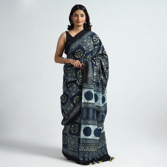 Blue - Ajrakh Block Printed Cotton Natural Dyed Saree with Tassels