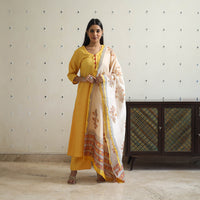 Yellow - Tussar Silk Cotton Handloom Plain Kurta Set 02