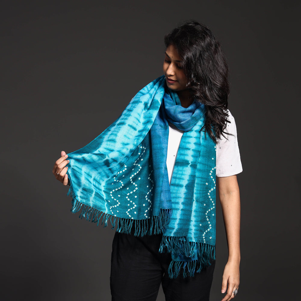 Blue - Kutch Handwoven Bandhani & Shibori Tie-dye Pure Merino Wool Stole