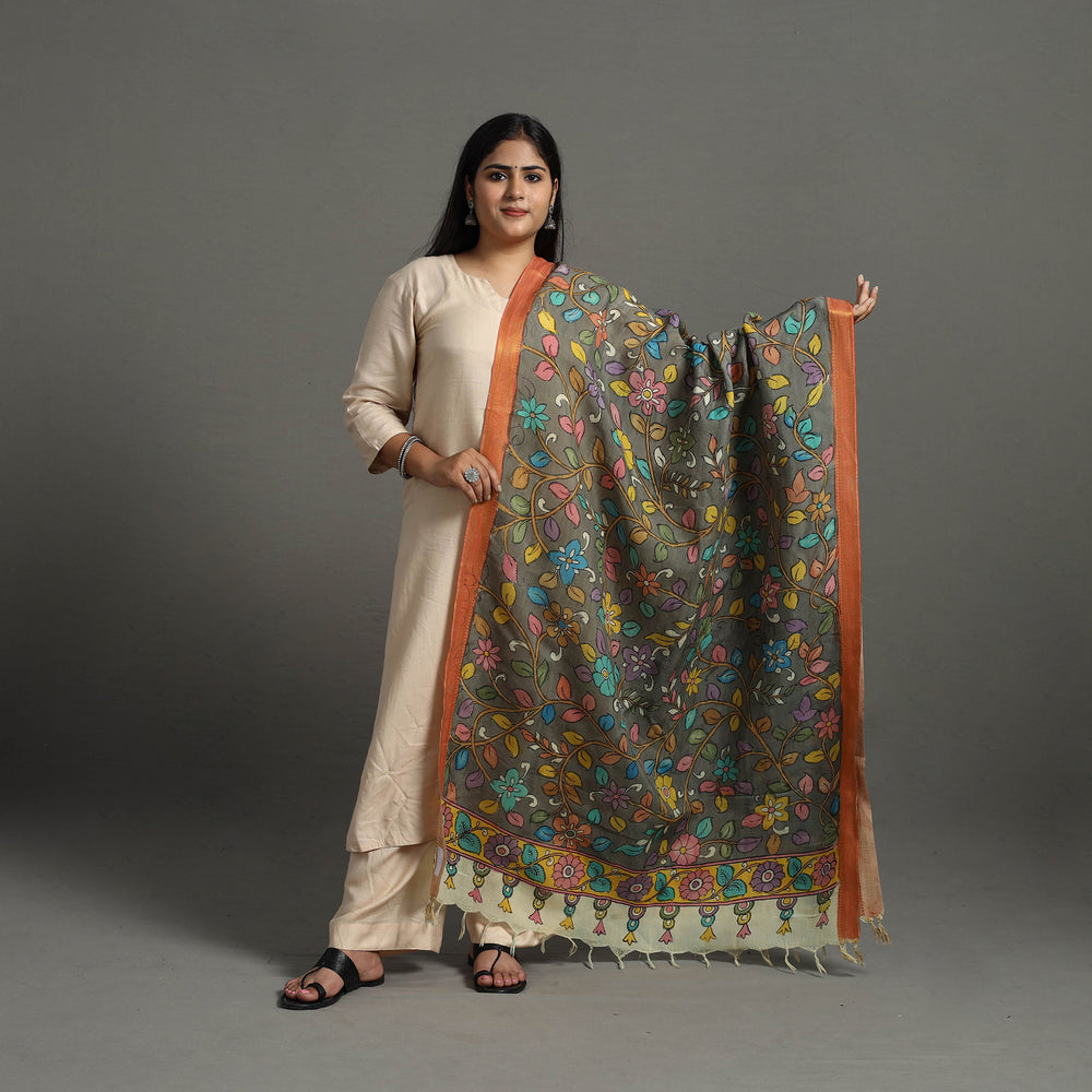 Grey - Chanderi Silk Srikalahasti Handpainted Pen Kalamkari Dupatta 34