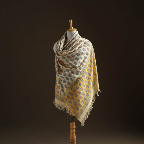 Floral sanganeri print pure merino wool handwoven shawl 96