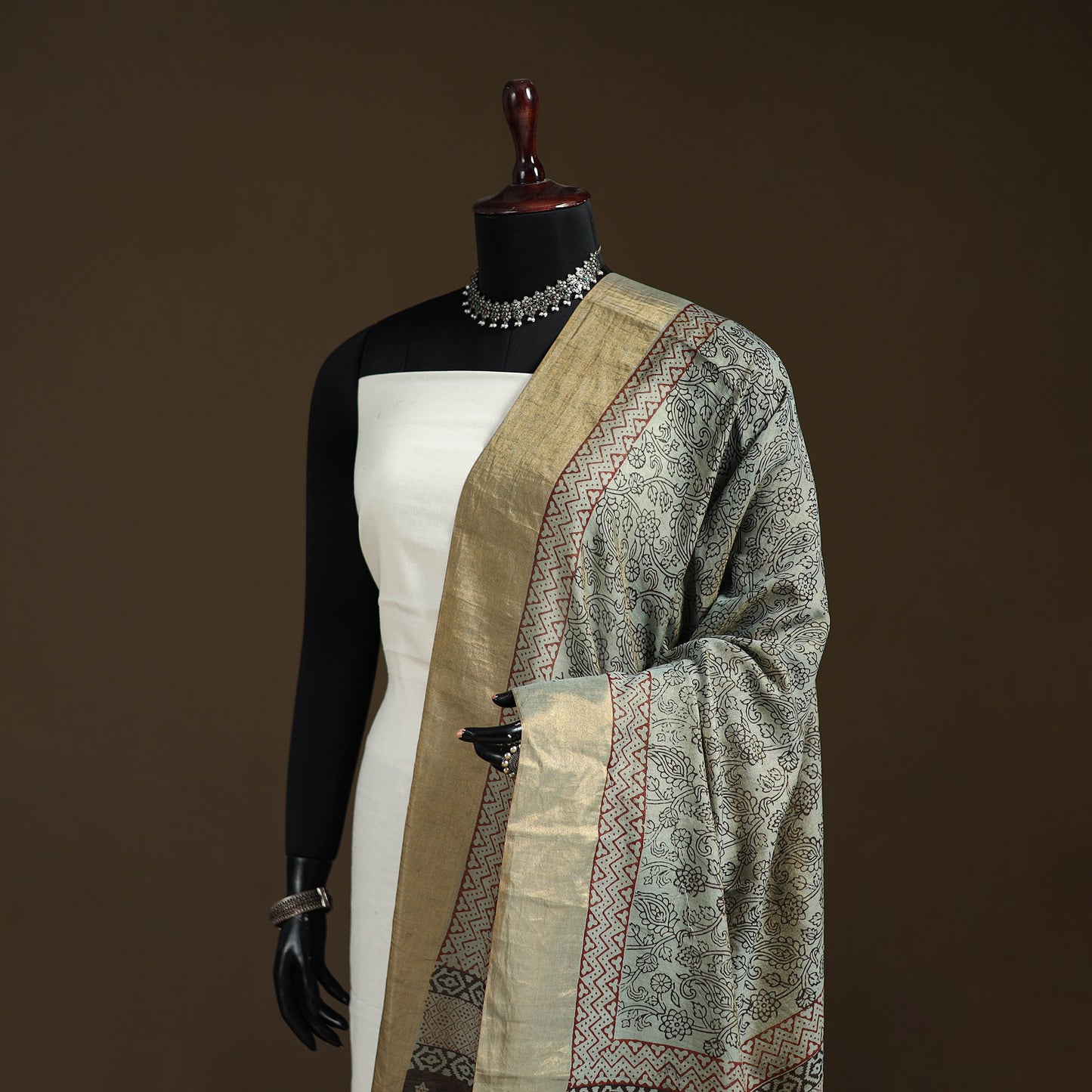Bagh Hand Block Print Natural Dyed Tissue Zari Chanderi Silk Dupatta 37