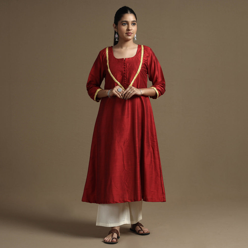 Red - Plain Solid Slub Silk A-Line Kurta with Beadwork Hand Embroidery Lace