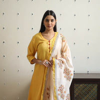 Yellow - Tussar Silk Cotton Handloom Plain Kurta Set 02