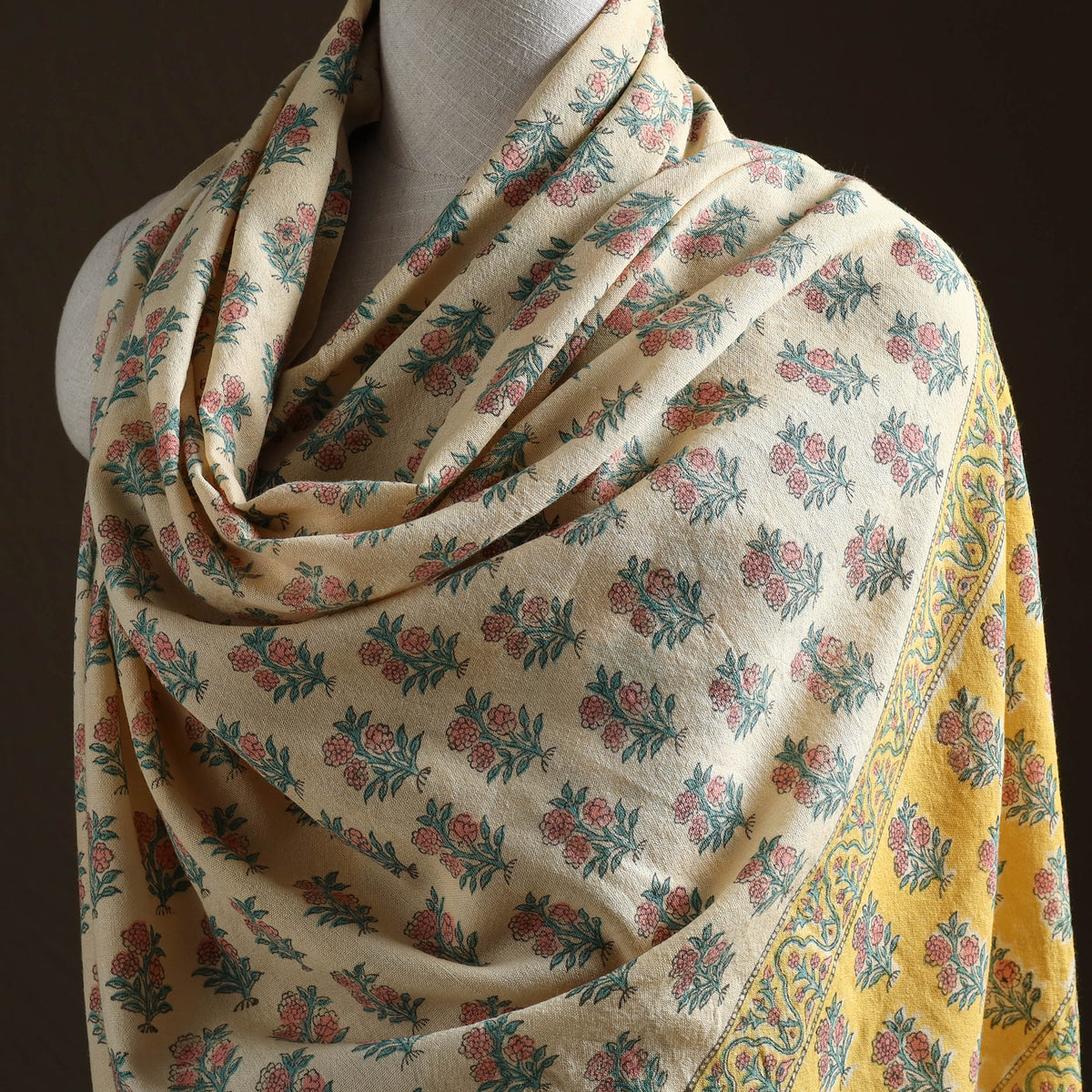 Floral Sanganeri Print Pure Merino Wool Handwoven Shawl 96