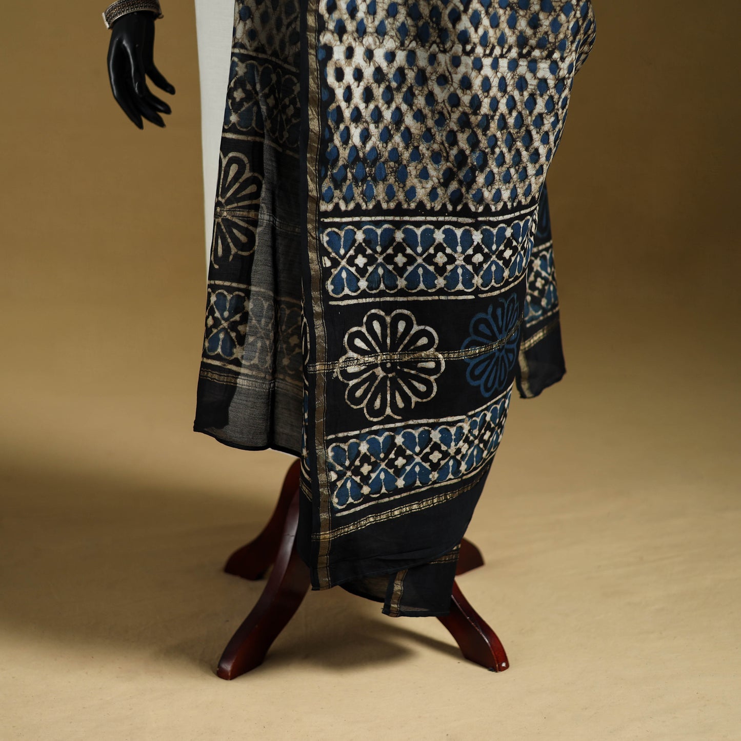 Black - Pipad Hand Block Print Natural Dyed Chanderi Silk Handloom Dupatta 31