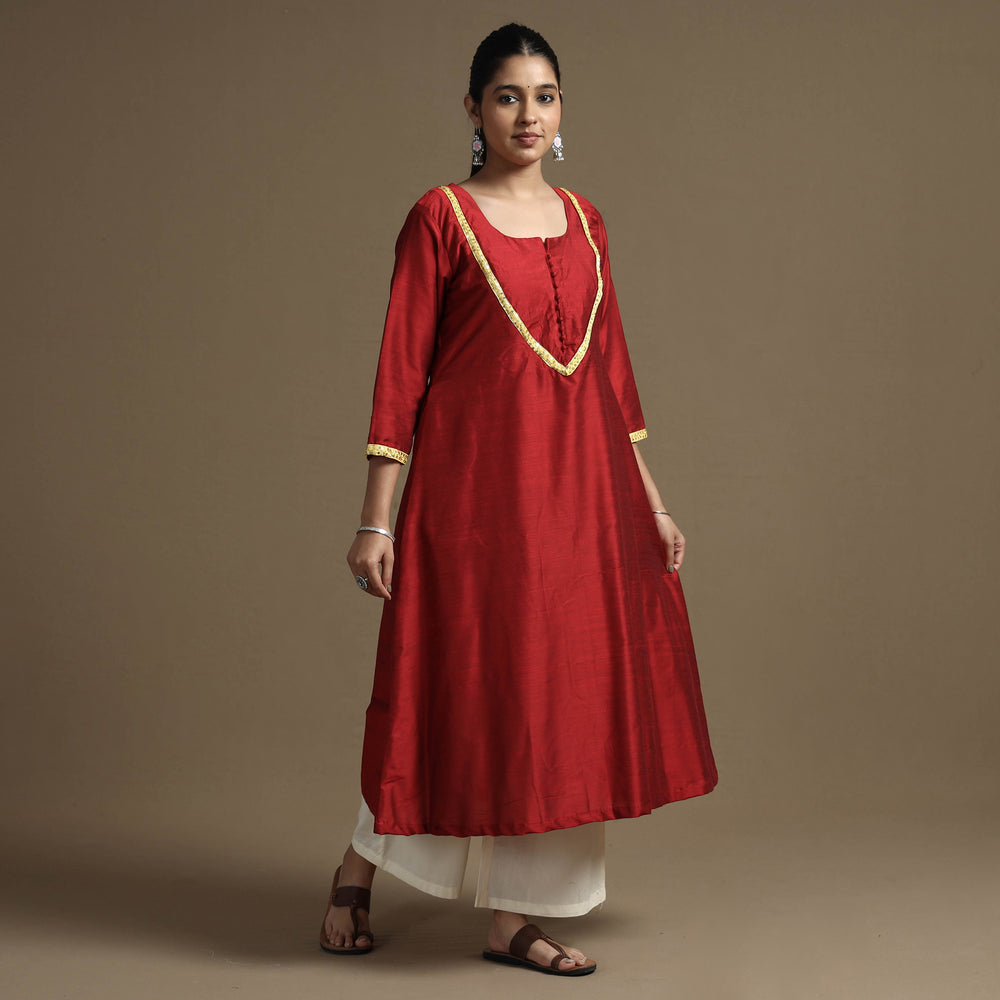 Red - Plain Solid Slub Silk A-Line Kurta with Beadwork Hand Embroidery Lace