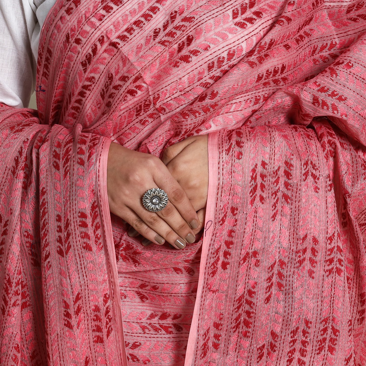 Pink - Bengal Kantha Hand Embroidery Silk Cotton Dupatta 04