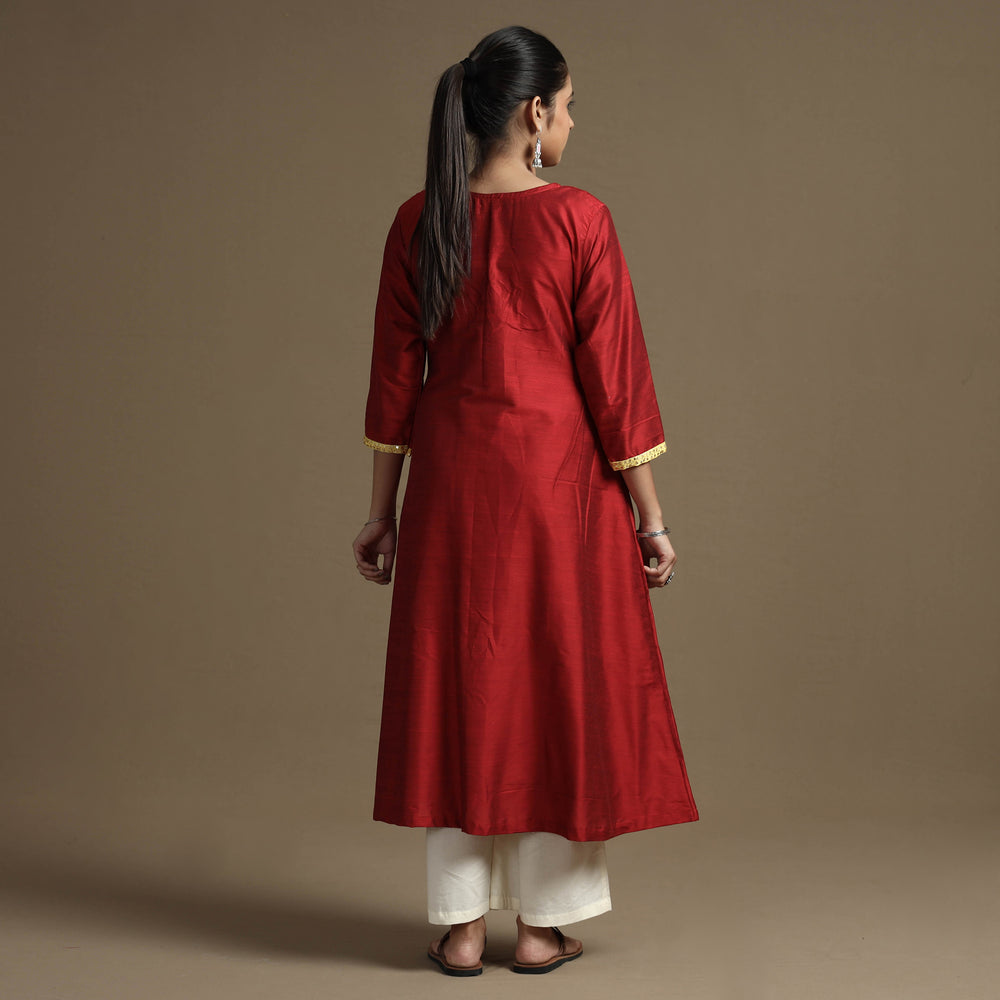 Red - Plain Solid Slub Silk A-Line Kurta with Beadwork Hand Embroidery Lace