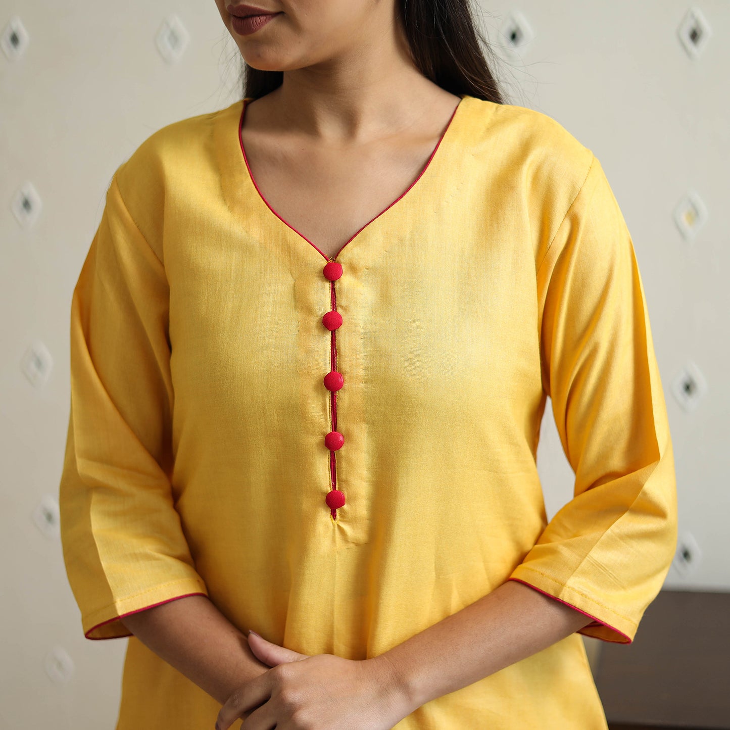 Yellow - Tussar Silk Cotton Handloom Plain Kurta Set 02