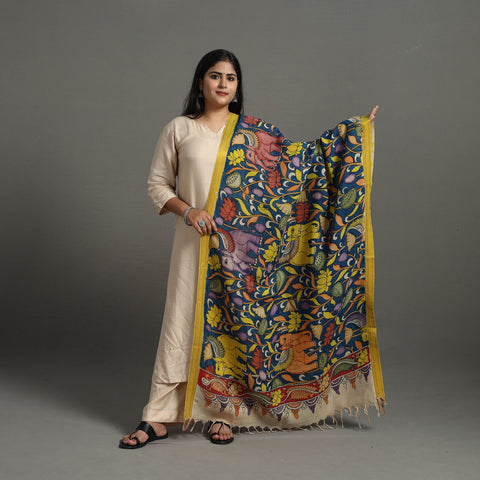 Blue - Chanderi Silk Srikalahasti Handpainted Pen Kalamkari Dupatta 35