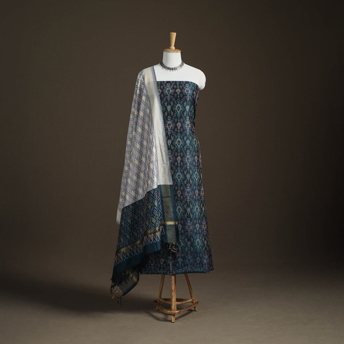 Pochampally Ikat Handloom Sico Unstitched Dress Material: Kurta with Dupatta 09