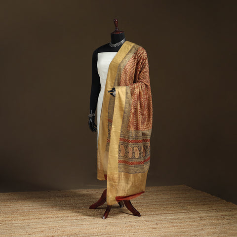 Yellow - Bagh Hand Block Print Natural Dyed Tissue Zari Chanderi Silk Dupatta 38
