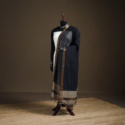 Black - Pure Handloom Cotton Nizam Zari Border Mangalagiri Dupatta 37