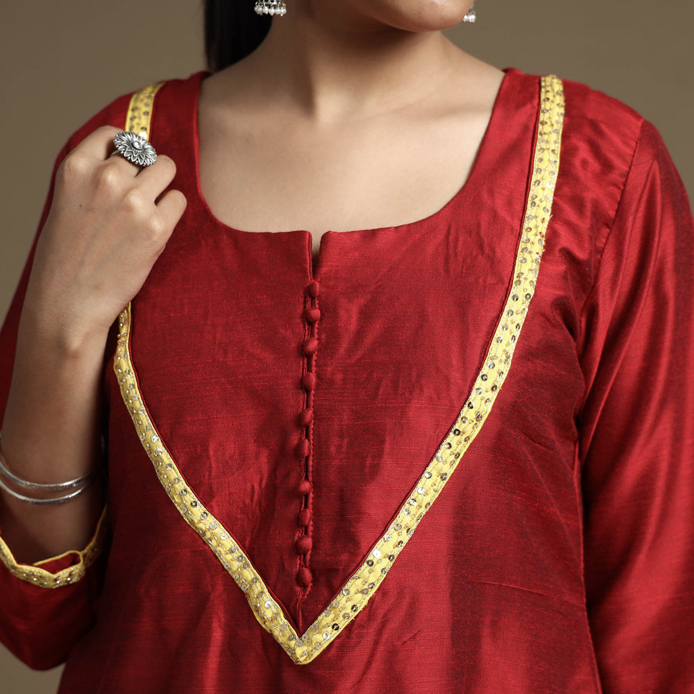 Red - Plain Solid Slub Silk A-Line Kurta with Beadwork Hand Embroidery Lace