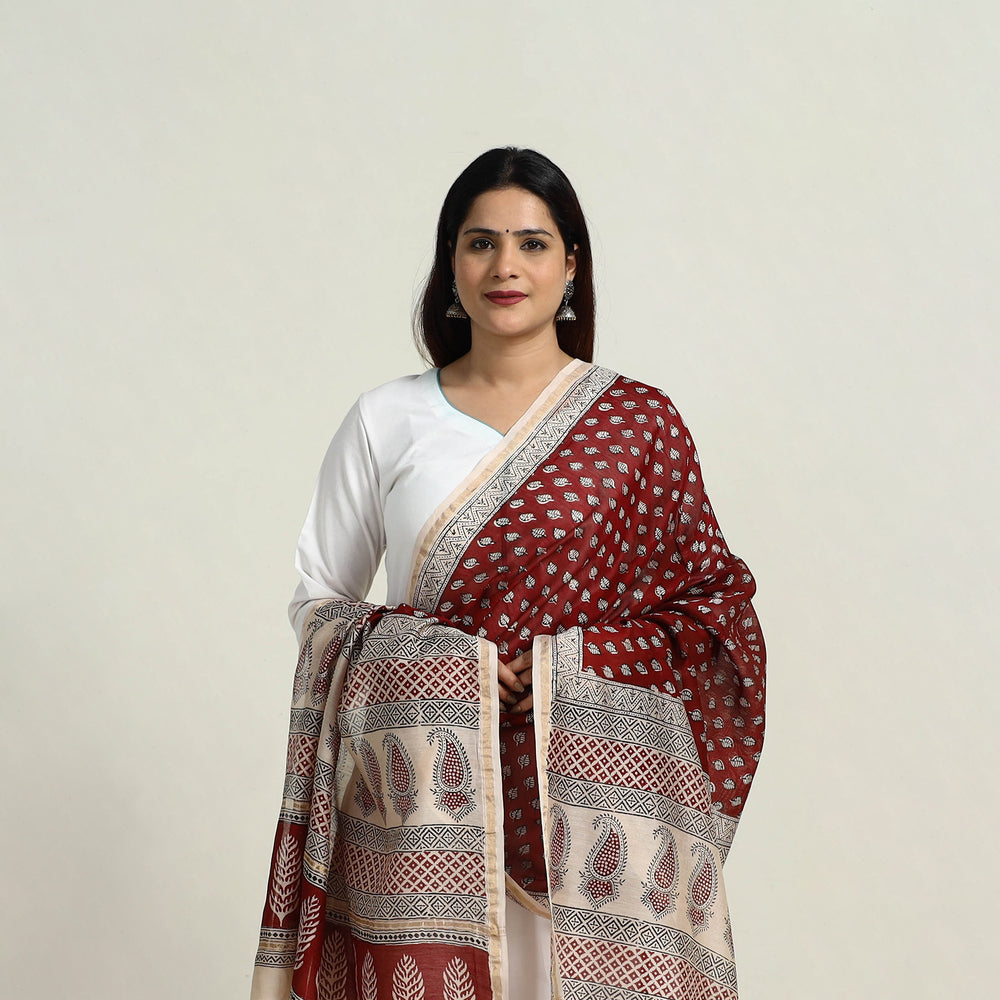 Red - Natural Dyed Hand Block Print Chanderi Silk Bagh Dupatta 26