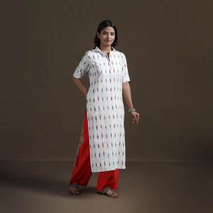 White - Pochampally Ikat Cotton Straight Kurta for Women 10