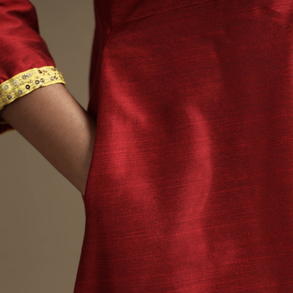 Red - Plain Solid Slub Silk A-Line Kurta with Beadwork Hand Embroidery Lace