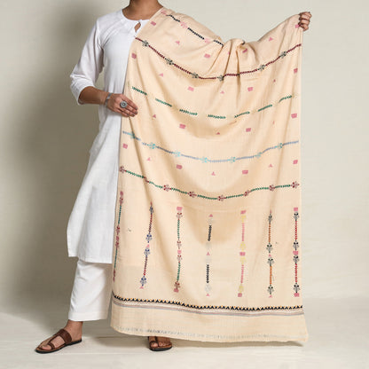 Beige - Bengal Kantha Hand Embroidery Silk Cotton Dupatta 02