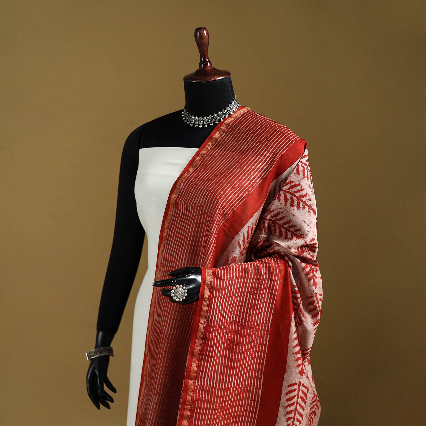 Red - Pipad Hand Block Print Natural Dyed Chanderi Silk Handloom Dupatta 34