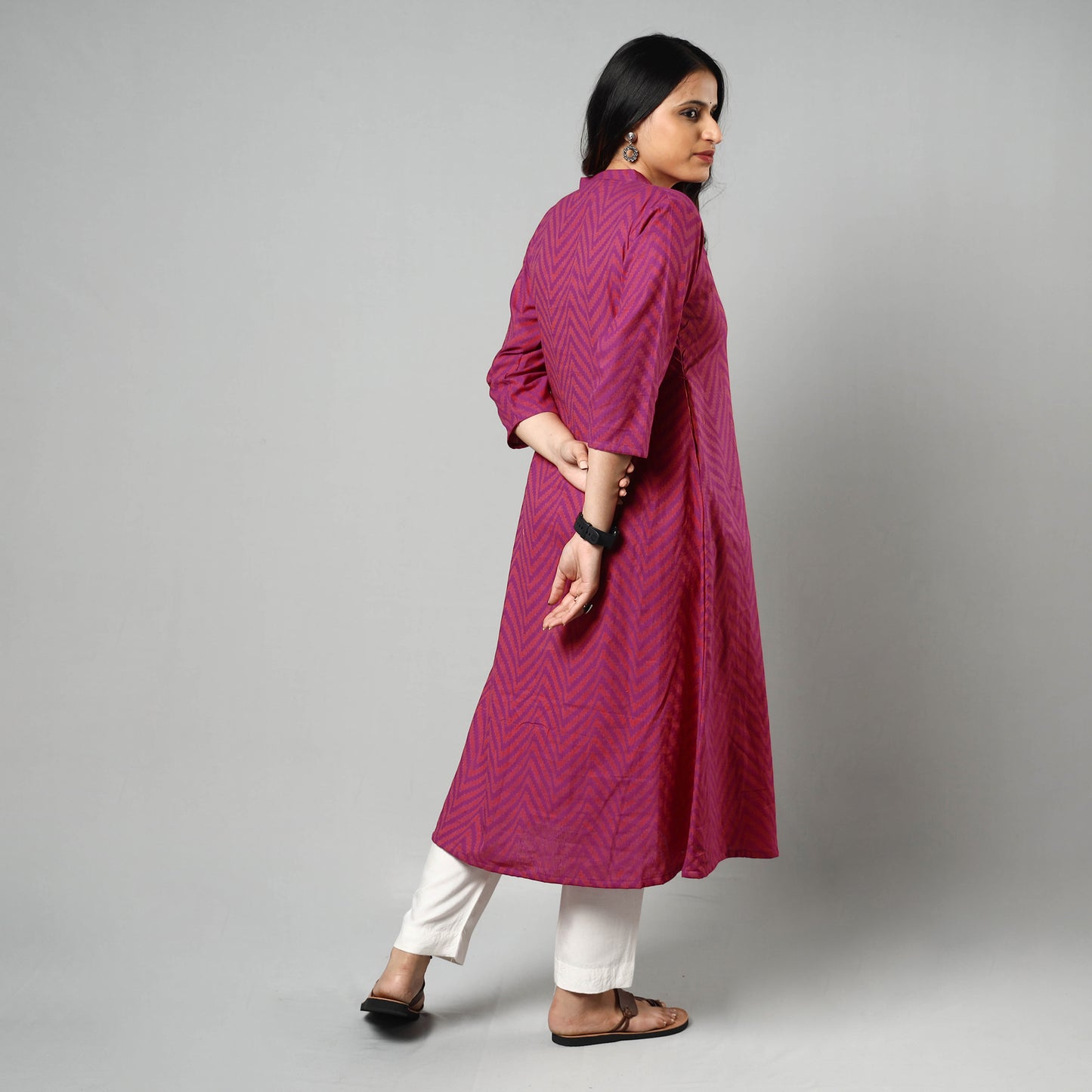 Pink - Purple - Jacquard Cotton A-Line Long Kurta