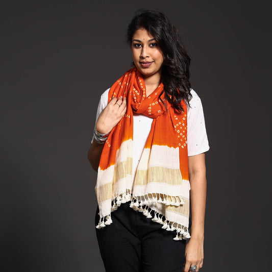 Orange - Kutch Handwoven Bandhani Tie-dye Pure Merino Wool Stole with Zari Border