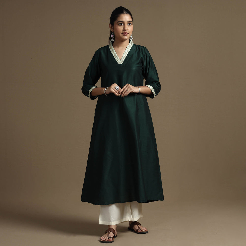 Dark Green - Plain Solid Slub Silk A-Line Kurta with Beadwork Hand Embroidery Lace