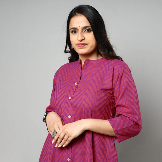 Pink - Purple - Jacquard Cotton A-Line Long Kurta