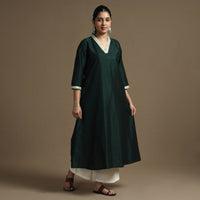 Dark Green - Plain Solid Slub Silk A-Line Kurta with Beadwork Hand Embroidery Lace