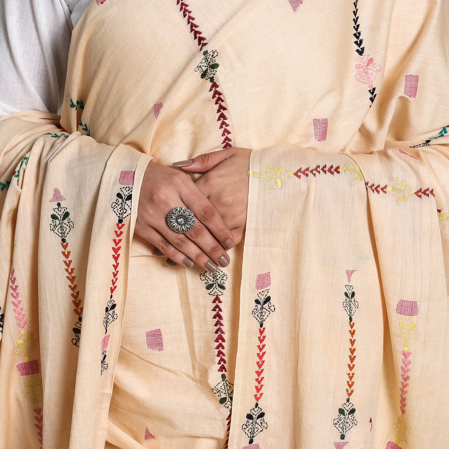 Beige - Bengal Kantha Hand Embroidery Silk Cotton Dupatta 02