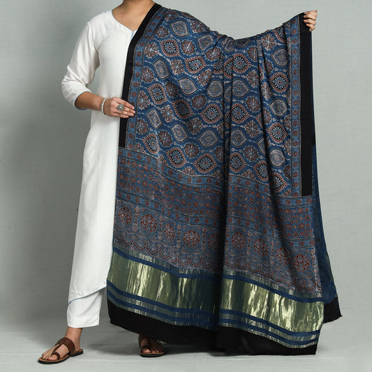 Blue - Ajrakh Hand Block Printed Modal Silk Dupatta with Zari Border