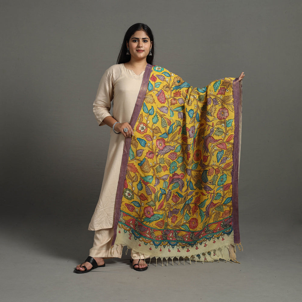 Yellow - Chanderi Silk Srikalahasti Handpainted Pen Kalamkari Dupatta 37